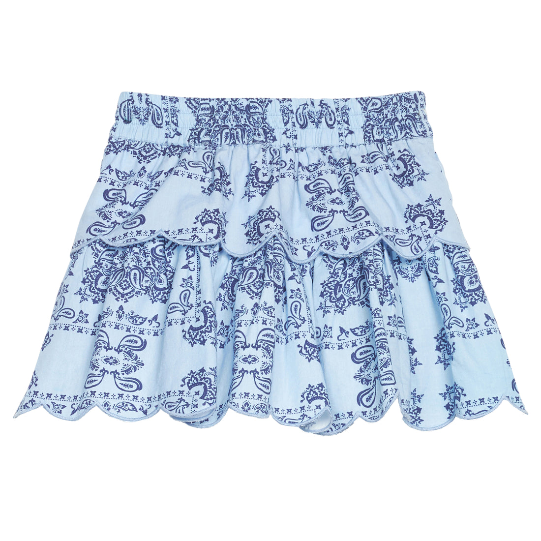 BISBY girl woven two tiered skort in a light blue and navy blue bandana print. Skort features built in shorts, elastic waistband, and light blue embroidery at scallop edge to elevate the look. 