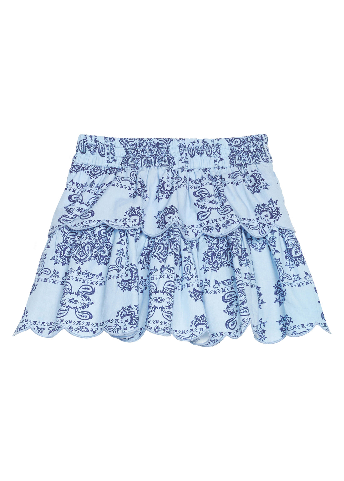 BISBY girl woven two tiered skort in a light blue and navy blue bandana print. Skort features built in shorts, elastic waistband, and light blue embroidery at scallop edge to elevate the look. 
