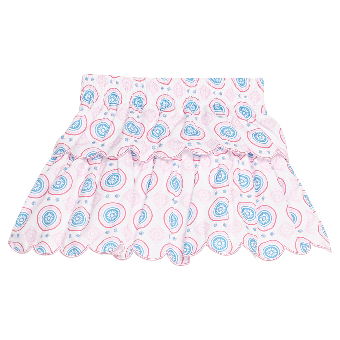 BISBY girl woven two tiered skort in a blue/red/pink pattern. Skort features built in shorts, elastic waistband, and pink embroidered scallops to elevate the look.