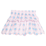 BISBY girl woven two tiered skort in a blue/red/pink pattern. Skort features built in shorts, elastic waistband, and pink embroidered scallops to elevate the look.