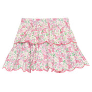 BISBY girl woven two tiered skort in a pink/green floral print. Skort features built in shorts, elastic waistband, and hot pink embroidered scallops to complete and elevate the look. 