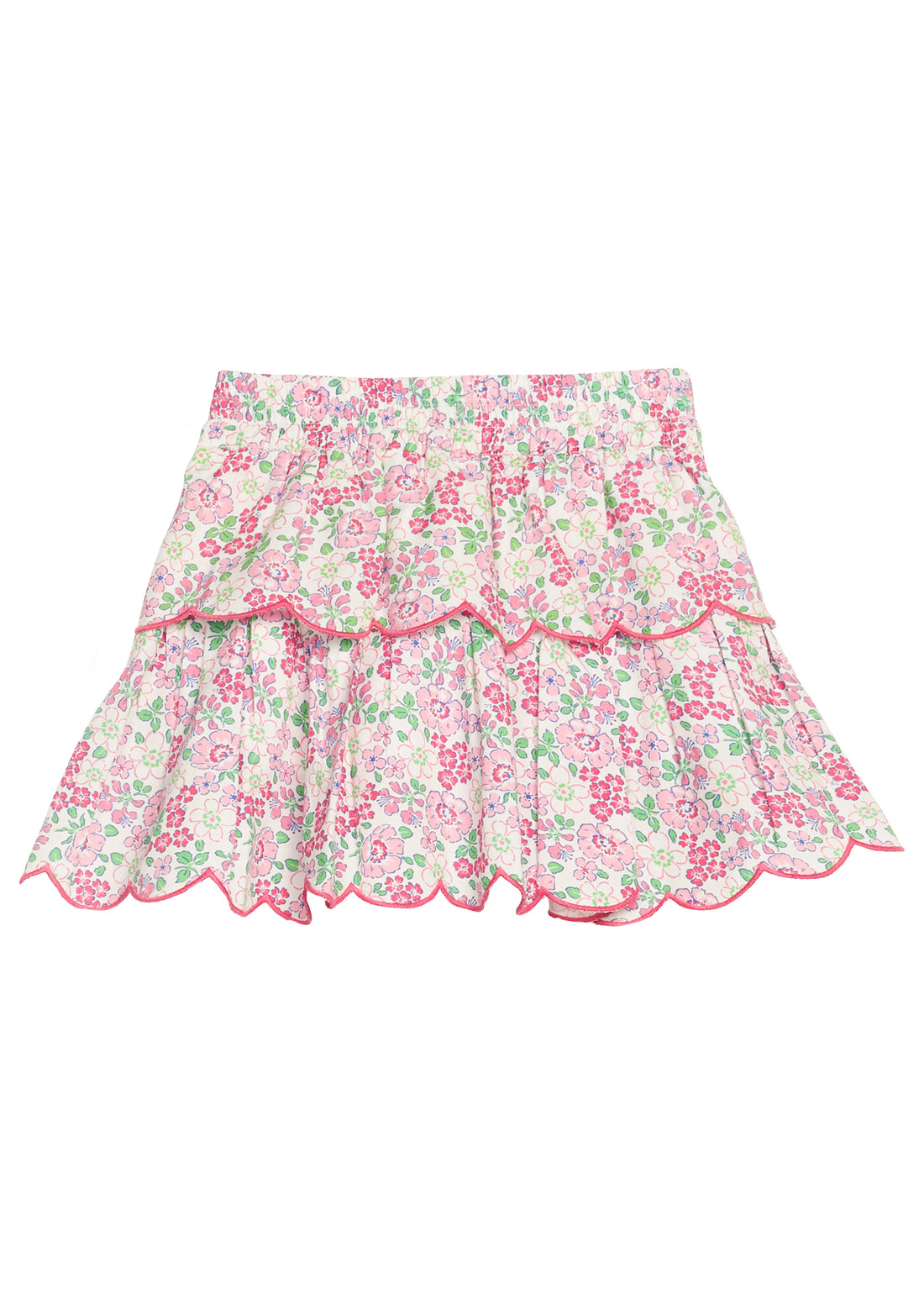 BISBY girl woven two tiered skort in a pink/green floral print. Skort features built in shorts, elastic waistband, and hot pink embroidered scallops to complete and elevate the look. 