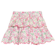 BISBY girl woven two tiered skort in a pink/green floral print. Skort features built in shorts, elastic waistband, and hot pink embroidered scallops to complete and elevate the look. 