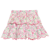 BISBY girl woven two tiered skort in a pink/green floral print. Skort features built in shorts, elastic waistband, and hot pink embroidered scallops to complete and elevate the look. 