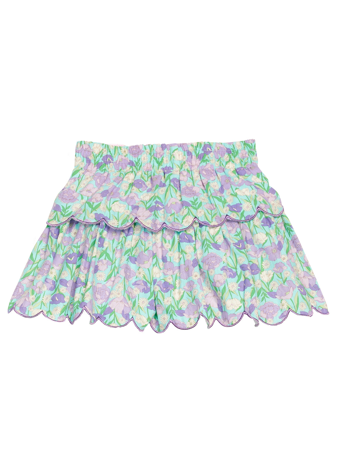 BISBY girl woven two tiered skort in a blue/purple/green floral print. Skort features built in shorts, elastic waistband, and purple embroidered scallop edge to complete and elevate the look. 