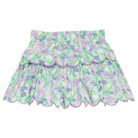 BISBY girl woven two tiered skort in a blue/purple/green floral print. Skort features built in shorts, elastic waistband, and purple embroidered scallop edge to complete and elevate the look. 