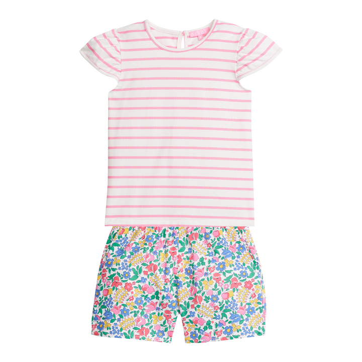 BISBY girl Rosie Short Set in Tulip Garden. Top is pink and white stripe with angel sleeve paired with our shorts in our Tulip Garden colorful floral