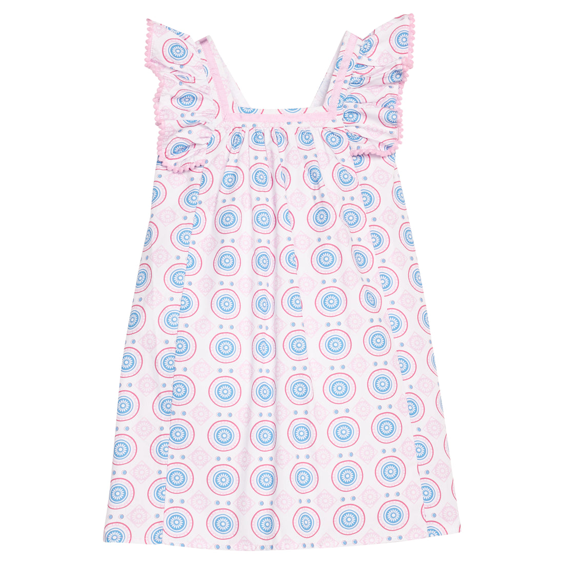 BISBY girl woven dress in a white/pink/red/blue fun pattern. Dress features a square neckline with a light pink ribbon trim, three button closure at back, angel sleeve detail, and light pink pom poms along edge of sleeves for an elevated look.