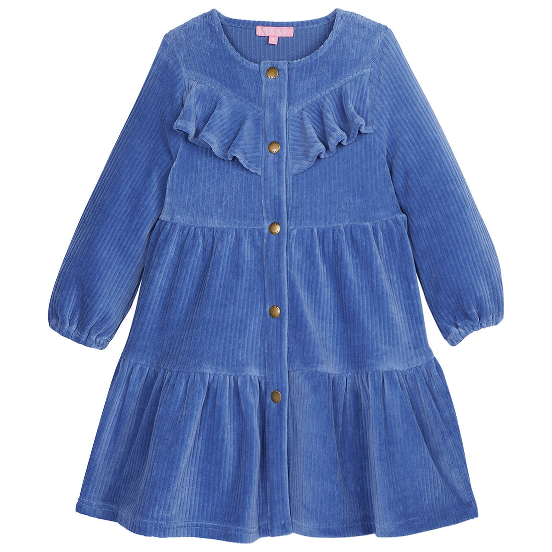 Solid French blue corduroy western styled dress with ruffles across top/gold buttons down the middle of dress with elastic cuffs on sleeves--WesternDress BISBY girls/teens