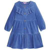 Solid French blue corduroy western styled dress with ruffles across top/gold buttons down the middle of dress with elastic cuffs on sleeves--WesternDress BISBY girls/teens