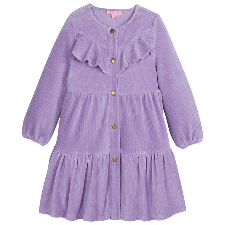 Solid lilac corduroy western styled dress with ruffles across top/gold buttons down the middle of dress with elastic cuffs on sleeves--WesternDress BISBY girls/teens