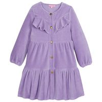 Solid lilac corduroy western styled dress with ruffles across top/gold buttons down the middle of dress with elastic cuffs on sleeves--WesternDress BISBY girls/teens