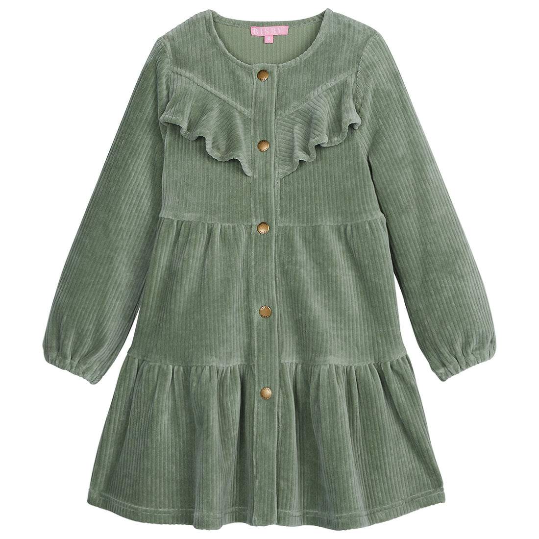 Our Western Dress in Sage Corduroy has beautiful gold buttons down the middle of the front and has ruffled tiers that add great movement throughout the dress-_BISBY