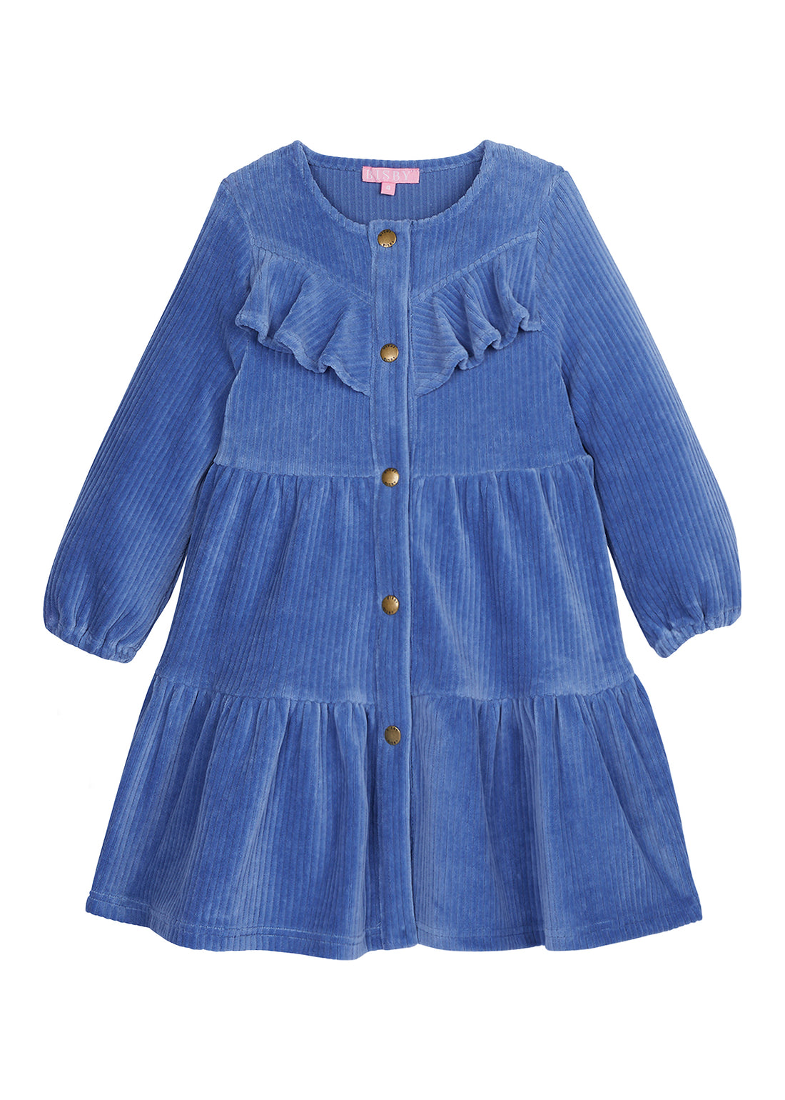Solid French blue corduroy western styled dress with ruffles across top/gold buttons down the middle of dress with elastic cuffs on sleeves--WesternDress BISBY girls/teens