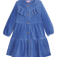 Solid French blue corduroy western styled dress with ruffles across top/gold buttons down the middle of dress with elastic cuffs on sleeves--WesternDress BISBY girls/teens