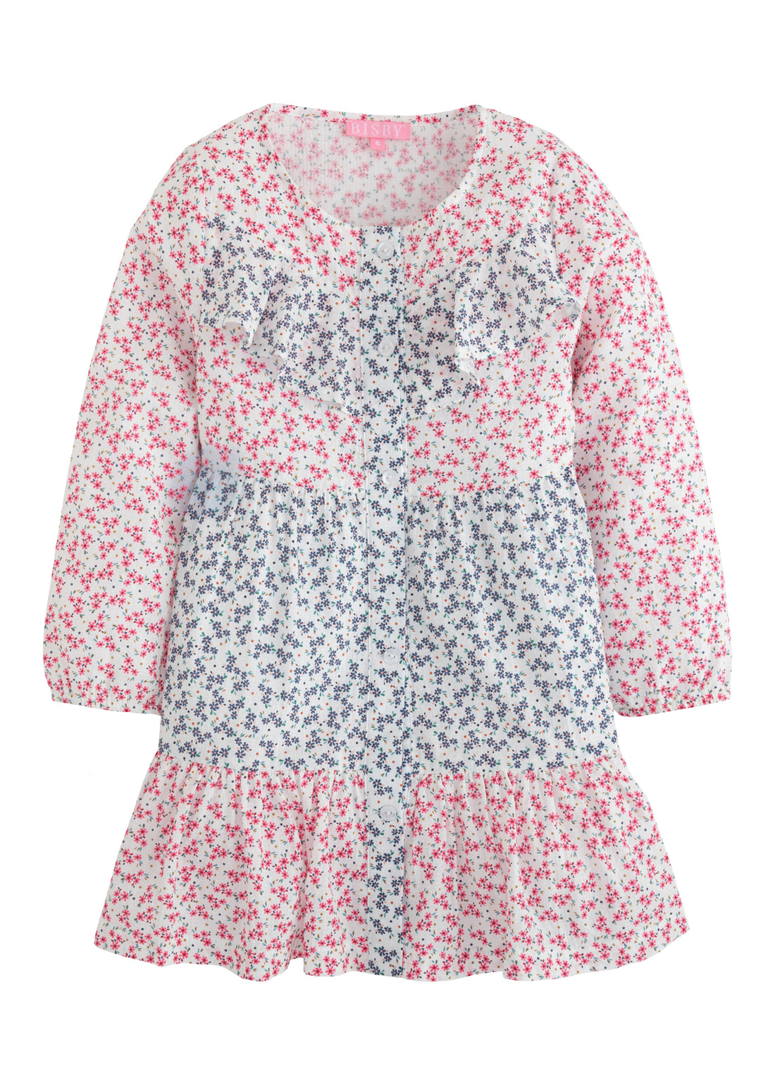 mixed blue and pink florals on long sleeve cotton ruffle dress for tweens