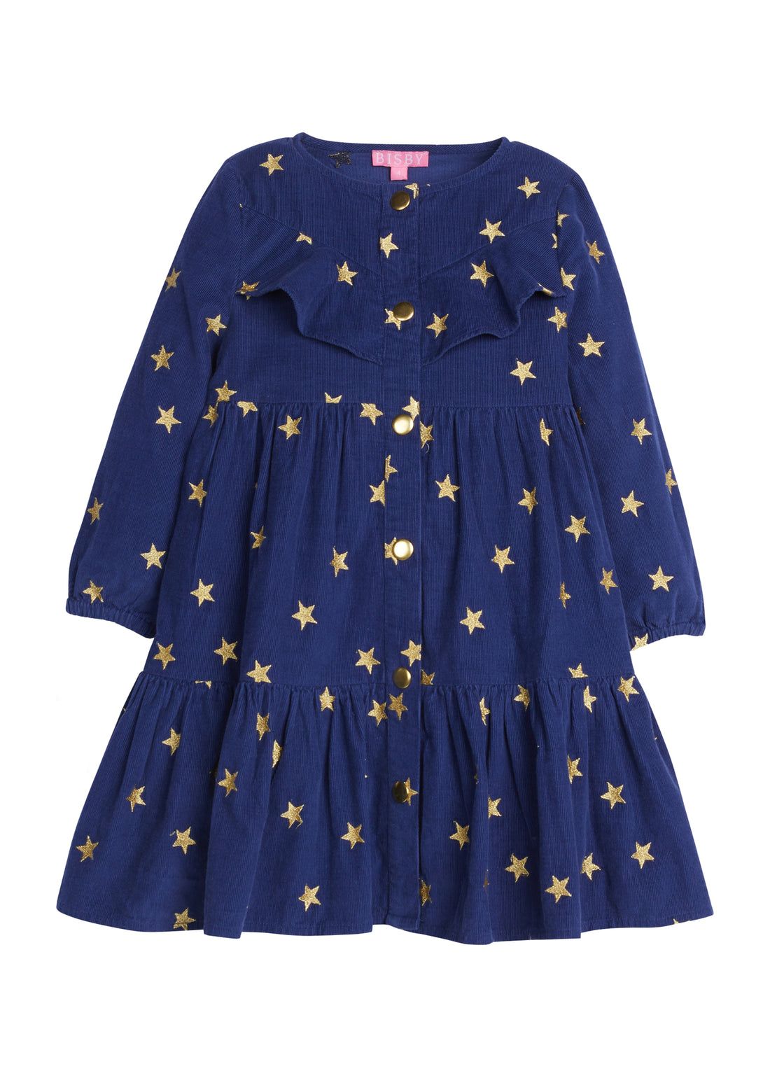 Girls/Tween dress in our Shoot For the Stars pattern which has gold stars printed all over a navy background. Dress is made of a corduroy fabric and has elastic cuffs at the sleeves, gold button enclosures along the front, and ruffles along the bust line-BISBY