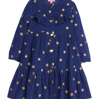 Girls/Tween dress in our Shoot For the Stars pattern which has gold stars printed all over a navy background. Dress is made of a corduroy fabric and has elastic cuffs at the sleeves, gold button enclosures along the front, and ruffles along the bust line-BISBY