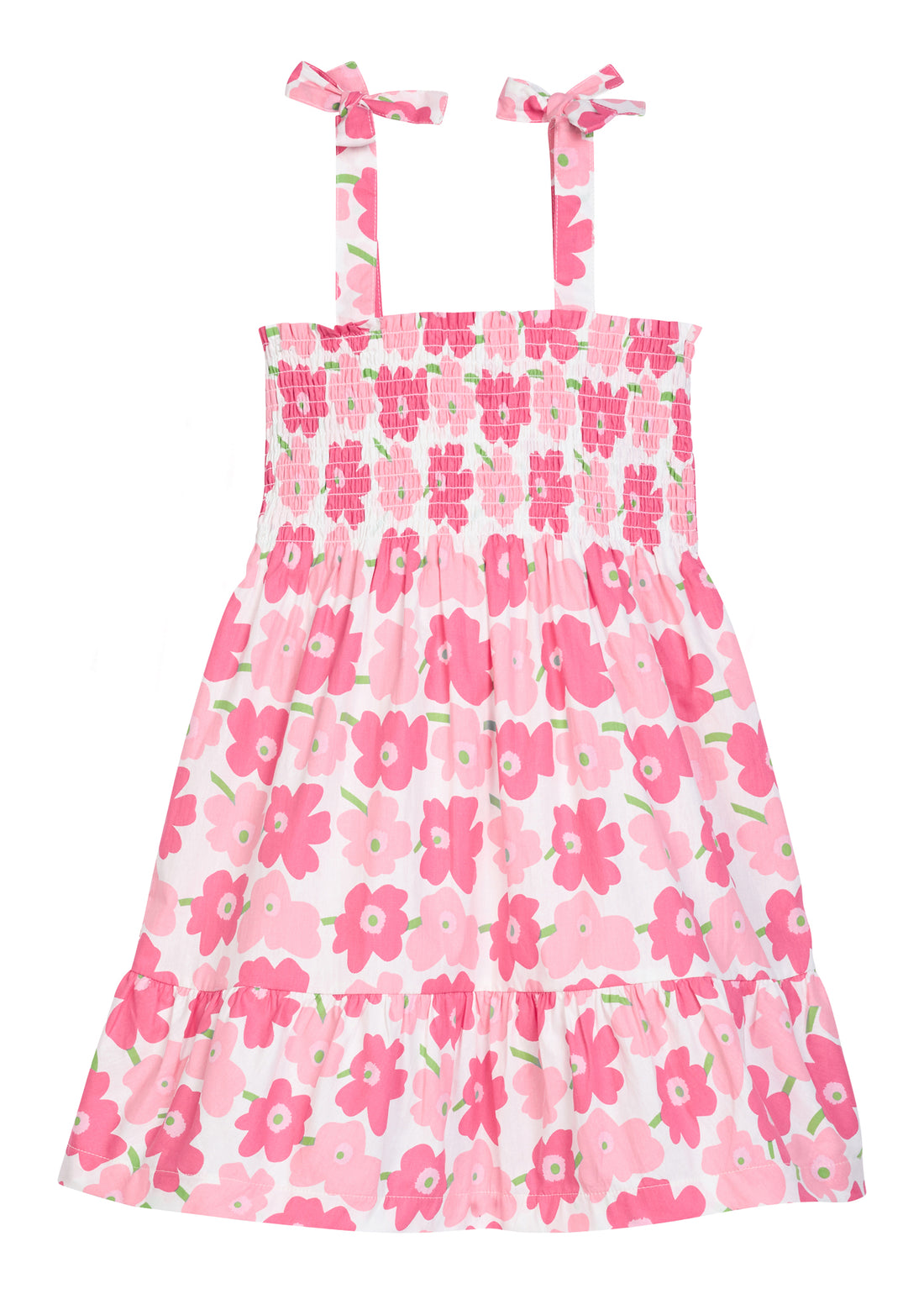 BISBY girl woven dress in a pink floral print. Dress features faux tie detail on straps, smocking across chest, and a bottom tier detail for an elevated look. 
