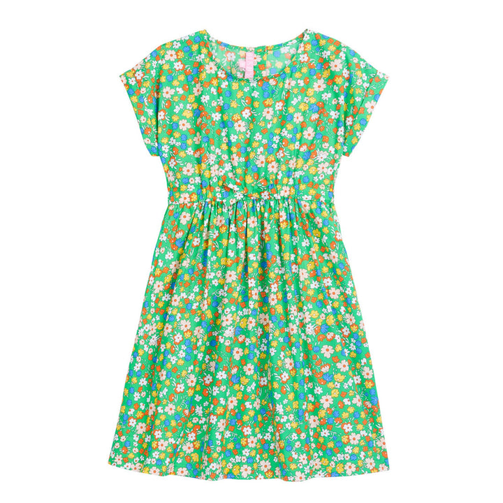 tween girls short sleeves green dress with bow detail and bright floral pattern