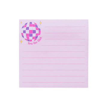 Purple notepad with a disco ball and 'You Go Girl' text.