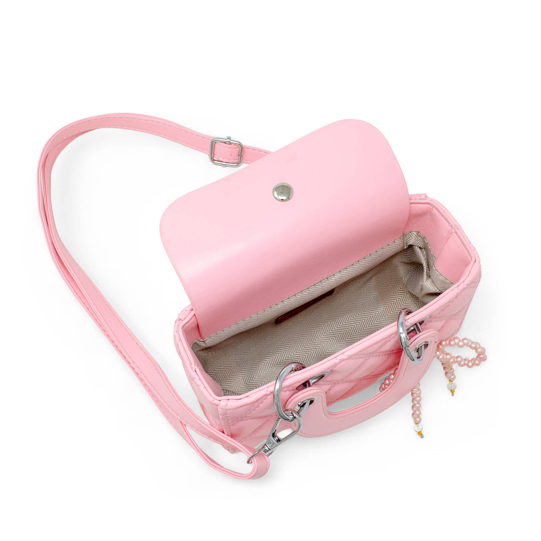 Quilted Rectangle Bow Charm Handbag: Pink
