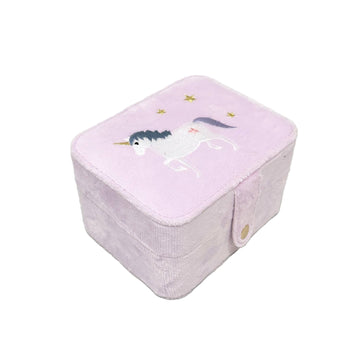 Pink fabric box with unicorn design on a light gray background