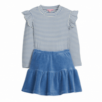 Blue corduroy skort with blue striped top for girls