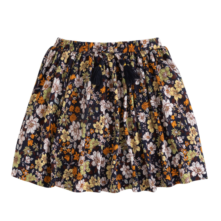 girls tween clothing mini skirt in navy and orange floral with tassel ties