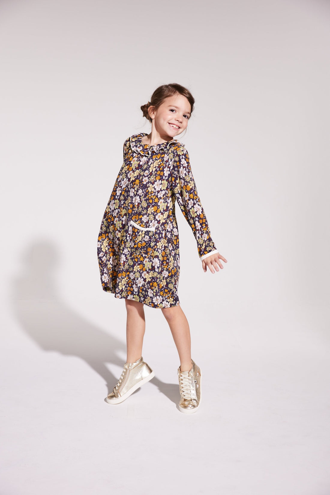 Retro vintage navy and orange floral knit dress for girls and tweens