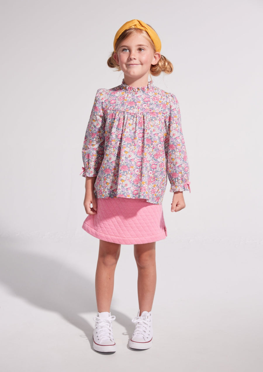 pink quilted pull on cotton mini skirt for tweens with pink floral top for 