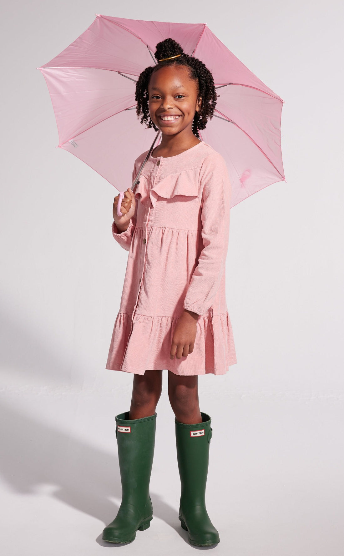 Pink corduroy long sleeved dress for girls with ruffle by BISBY