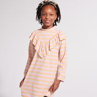girls tween clothing pink and orange sparkle turtleneck dress with ruffles at the chest
