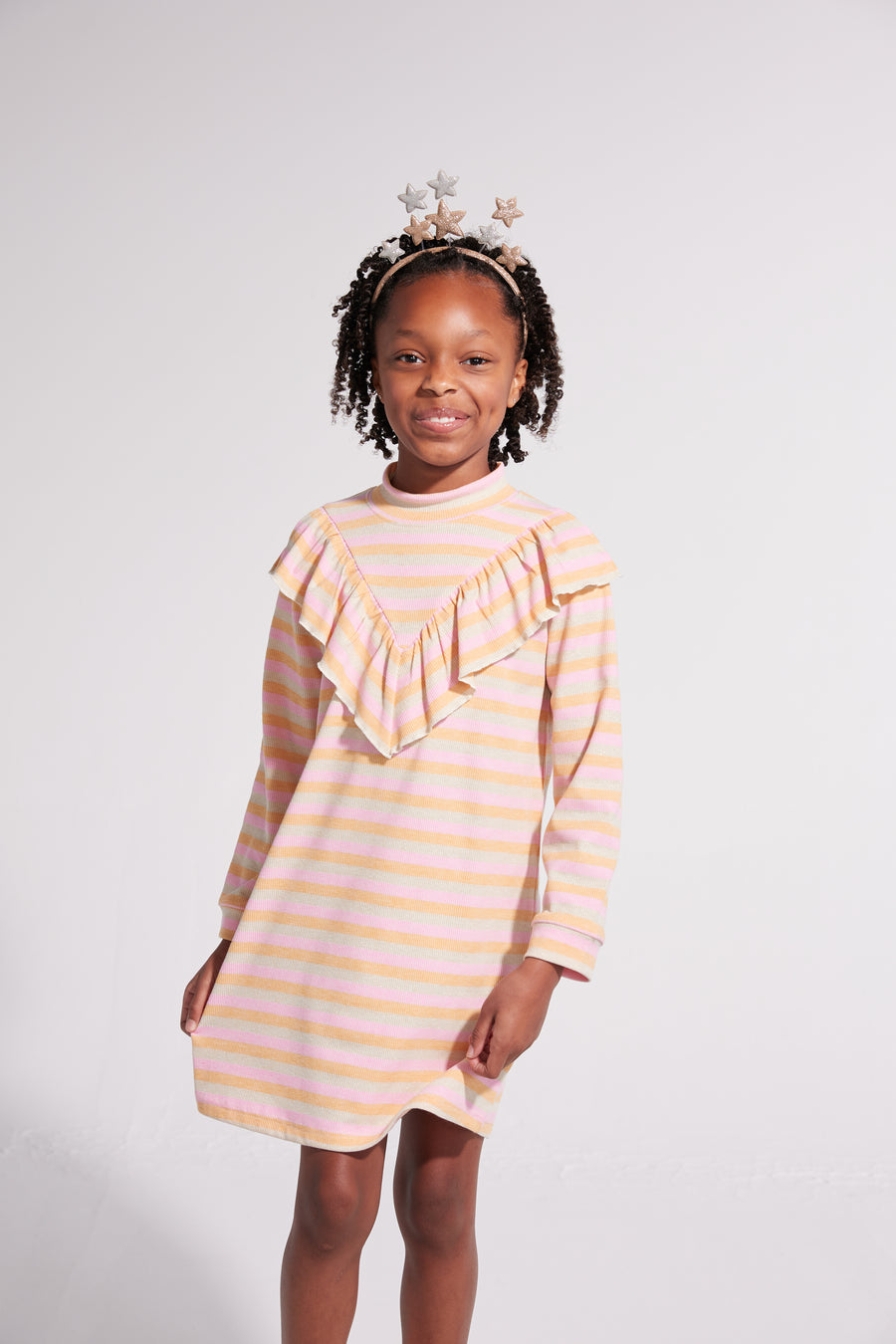 girls tween clothing pink and orange sparkle turtleneck dress with ruffles at the chest