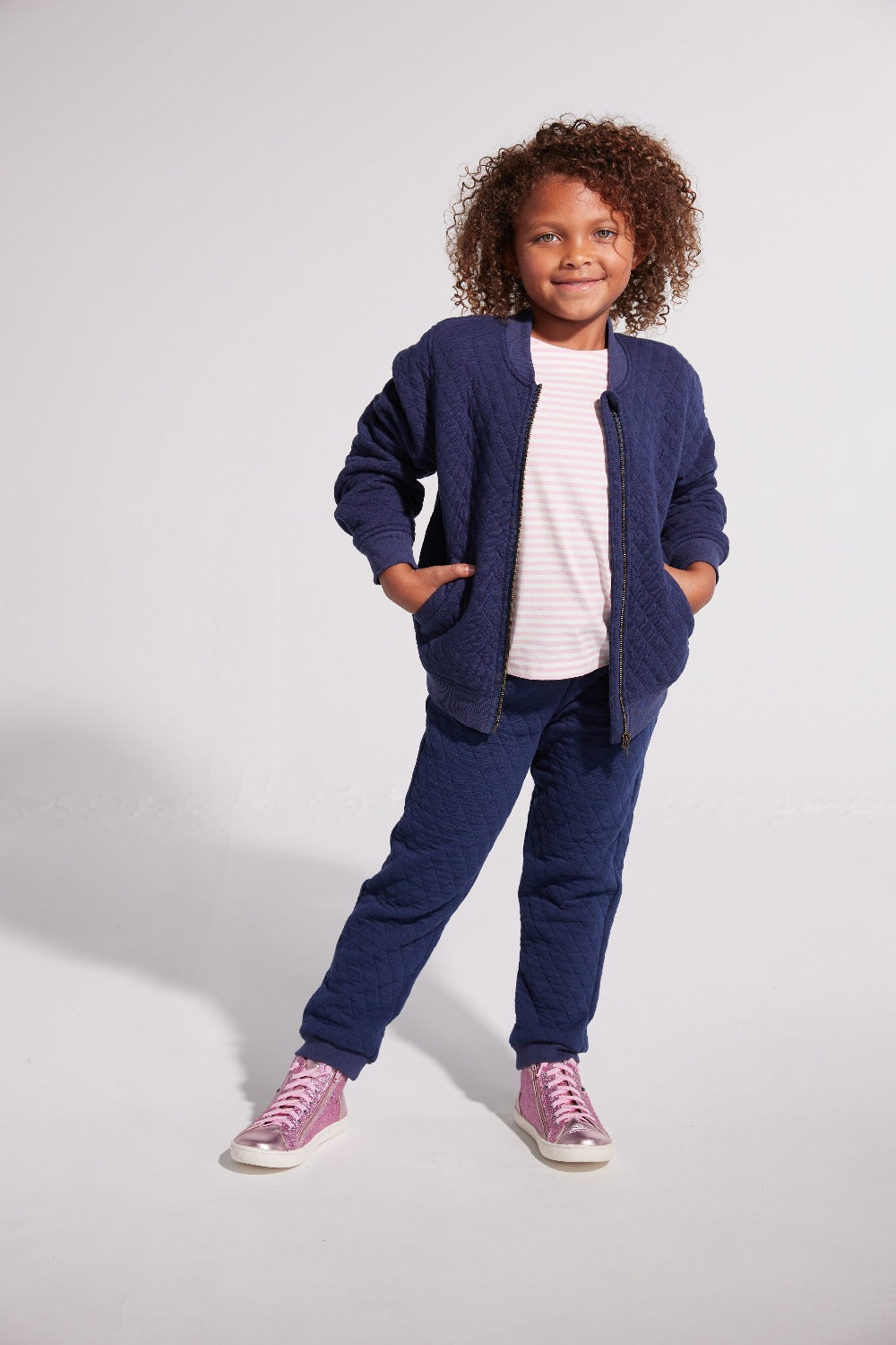 girls quilted bomber jacket in navy, girls zip up jacket with pockets, girls tween clothing