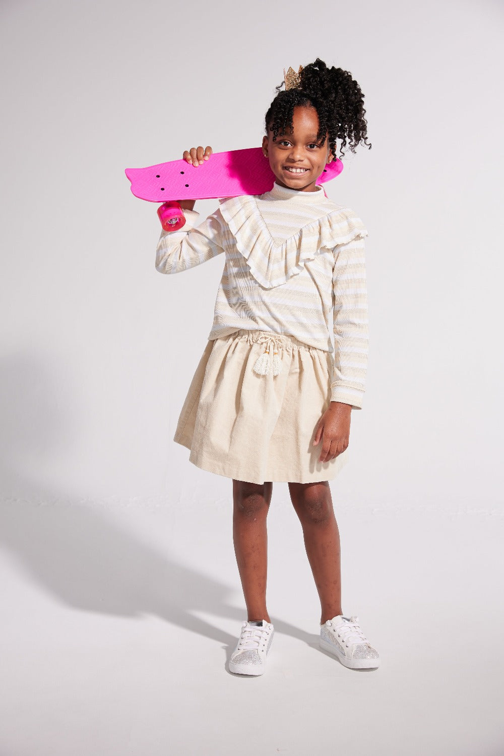 girls rib knit turtleneck top with ruffles, striped cream and white colors, tween girl clothing