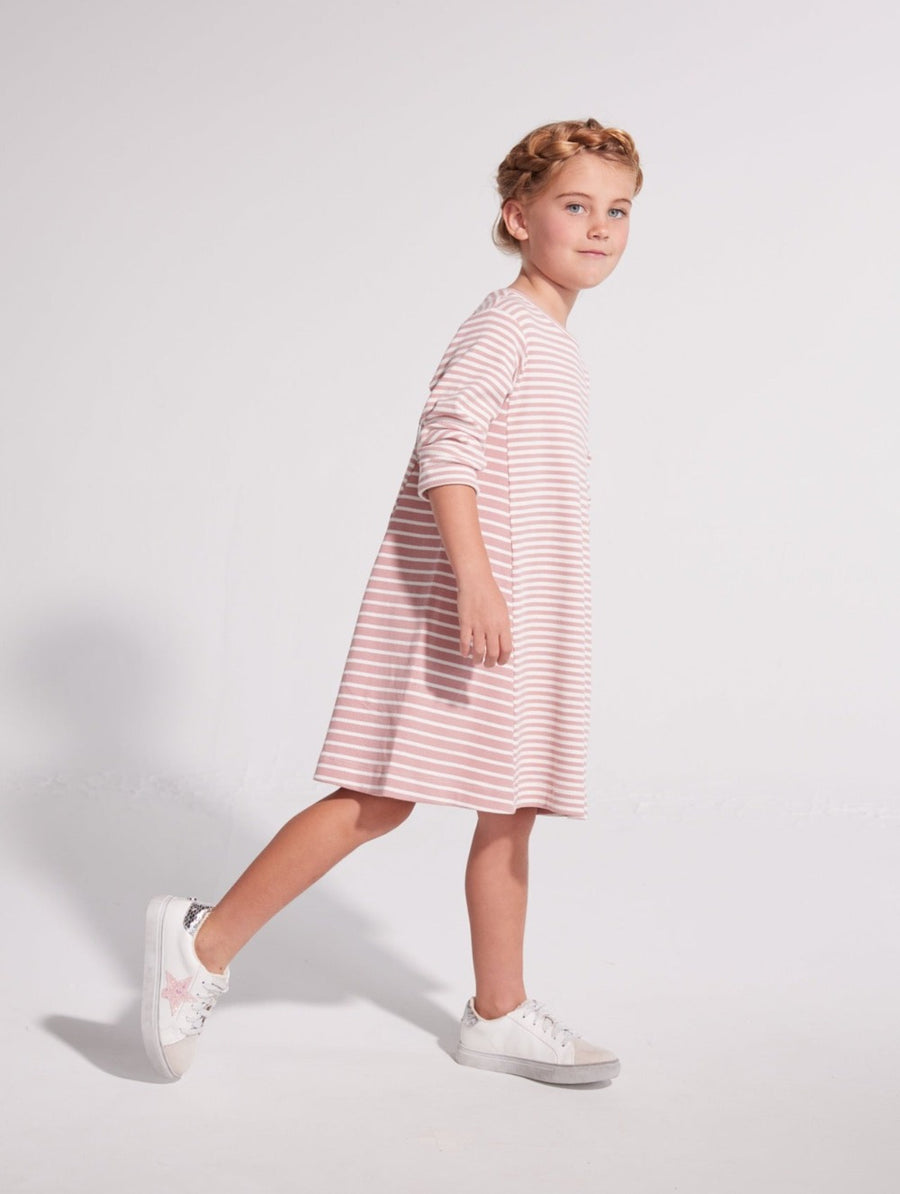 girls pink striped dress with think stripes and thick stripes, girls clothing for tweens