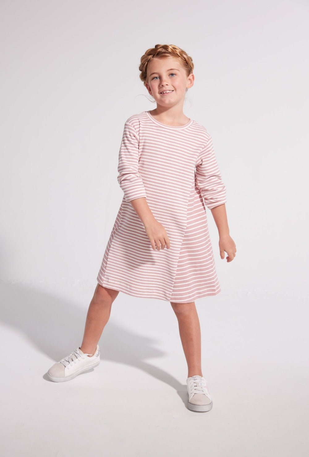 girls pink striped dress with think stripes and thick stripes, girls clothing for tweens