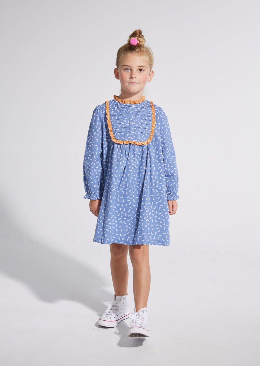 cotton dress with Indigo pattern and orange trim for girls
