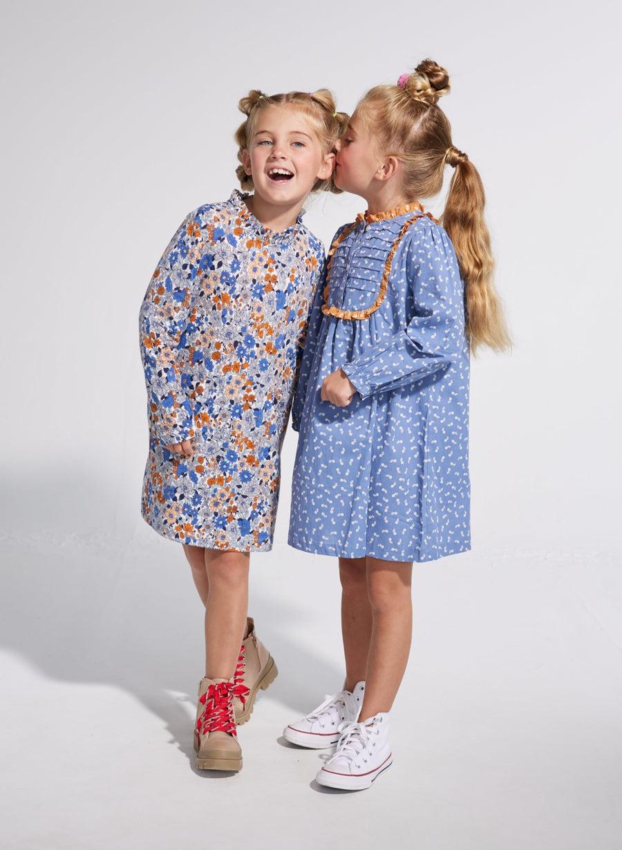 BISBY girl dress, girls blue and orange dress, ditsy floral dress, girl tween clothing
