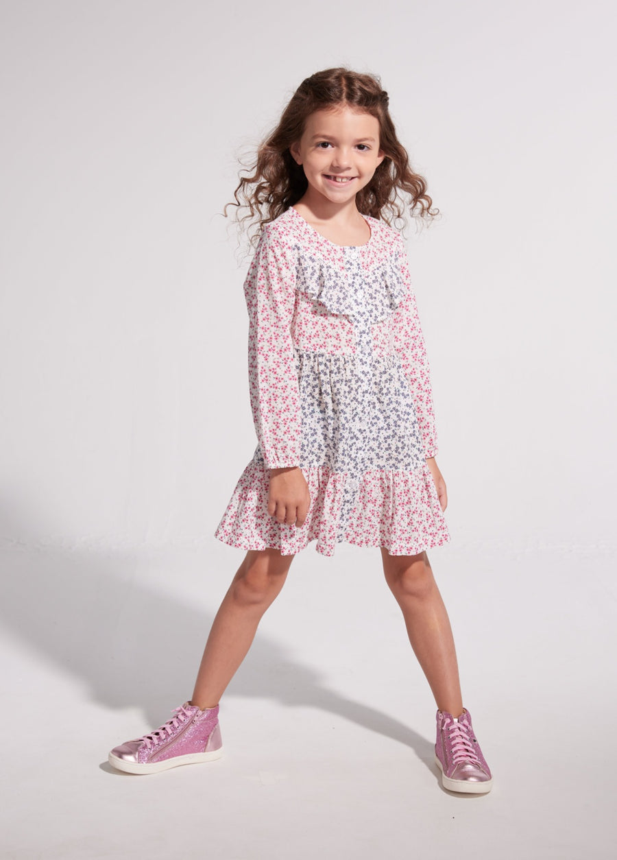 mixed blue and pink florals on long sleeve cotton ruffle dress for tweens