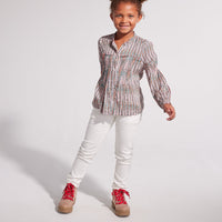 girls tween clothing flowy striped blouse in green orange and pink with pleats at chest and ruffles on the collar