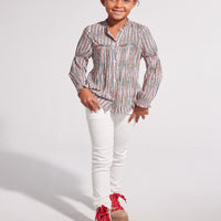 girls tween clothing flowy striped blouse in green orange and pink with pleats at chest and ruffles on the collar