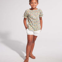 tween girls short sleeved button up top in green and pink floral pattern