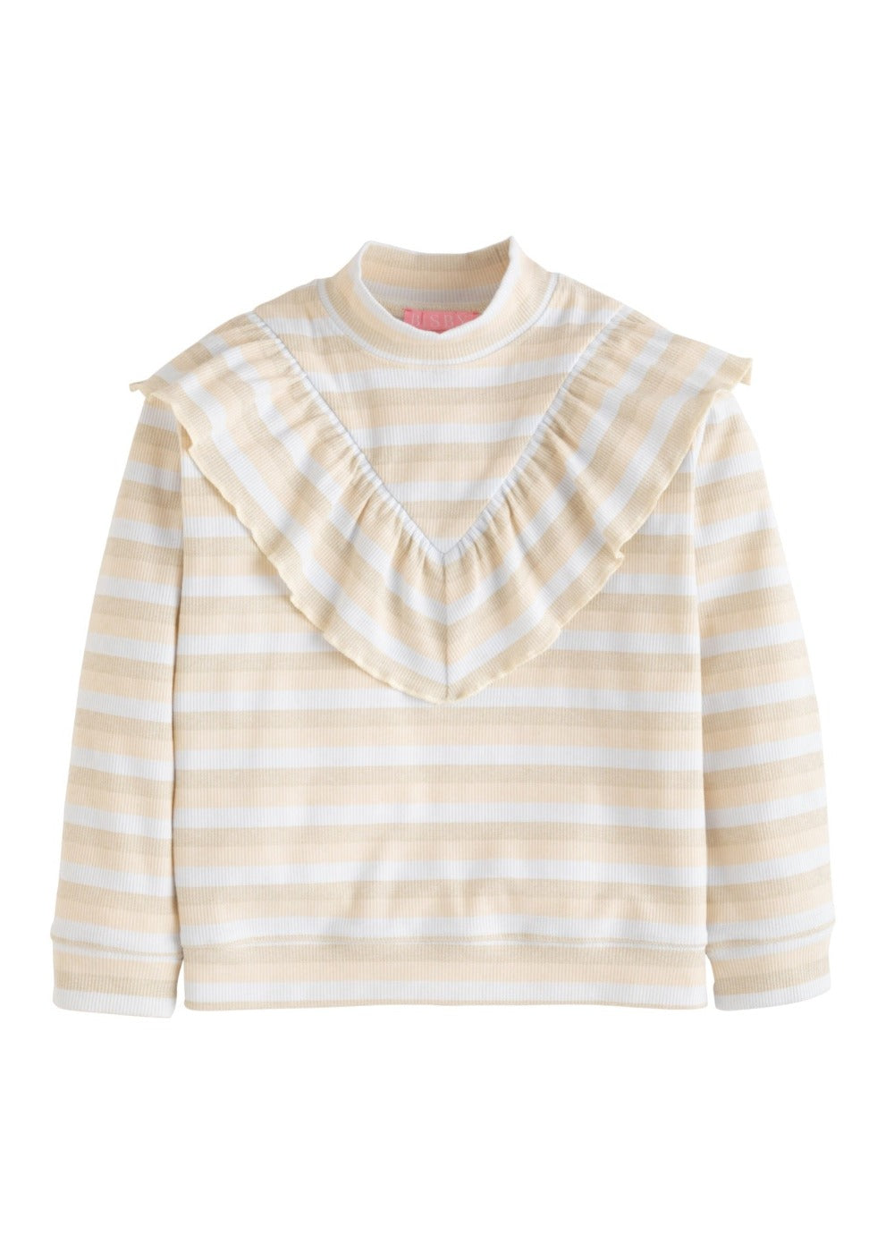 girls rib knit turtleneck top with ruffles, striped cream and white colors, tween girl clothing
