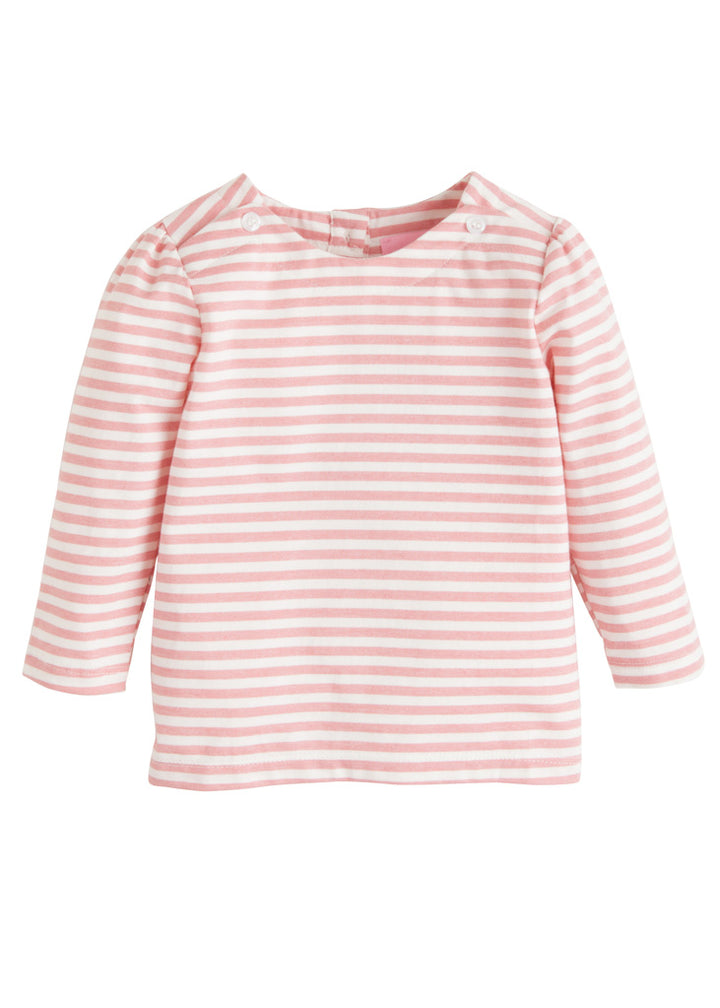 pink and white striped boat neck tee for tweens with button details on neckline 