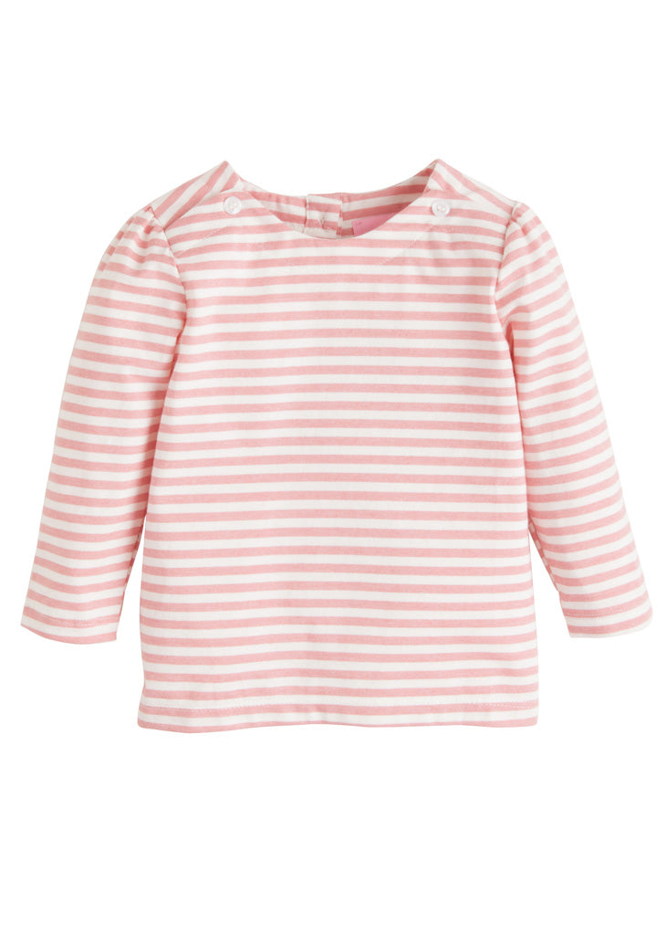 pink and white striped boat neck tee for tweens with button details on neckline 