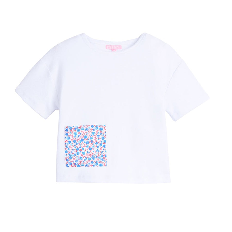 tween girls solid white t-shirt with red and blue floral front pocket