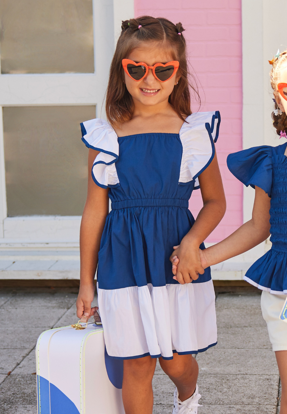 tween girls navy and white dress with cinched waist and ruffle sleeves 