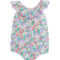 baby girl romper with scalloped neckline in purple floral pattern